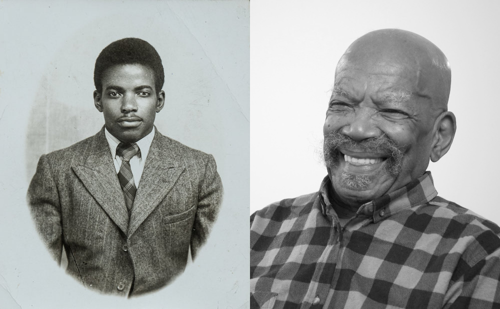 Two black and white photos, one showing Alford as a young man when he first arrived in the UK, and one more recent one, showing him as an older man.