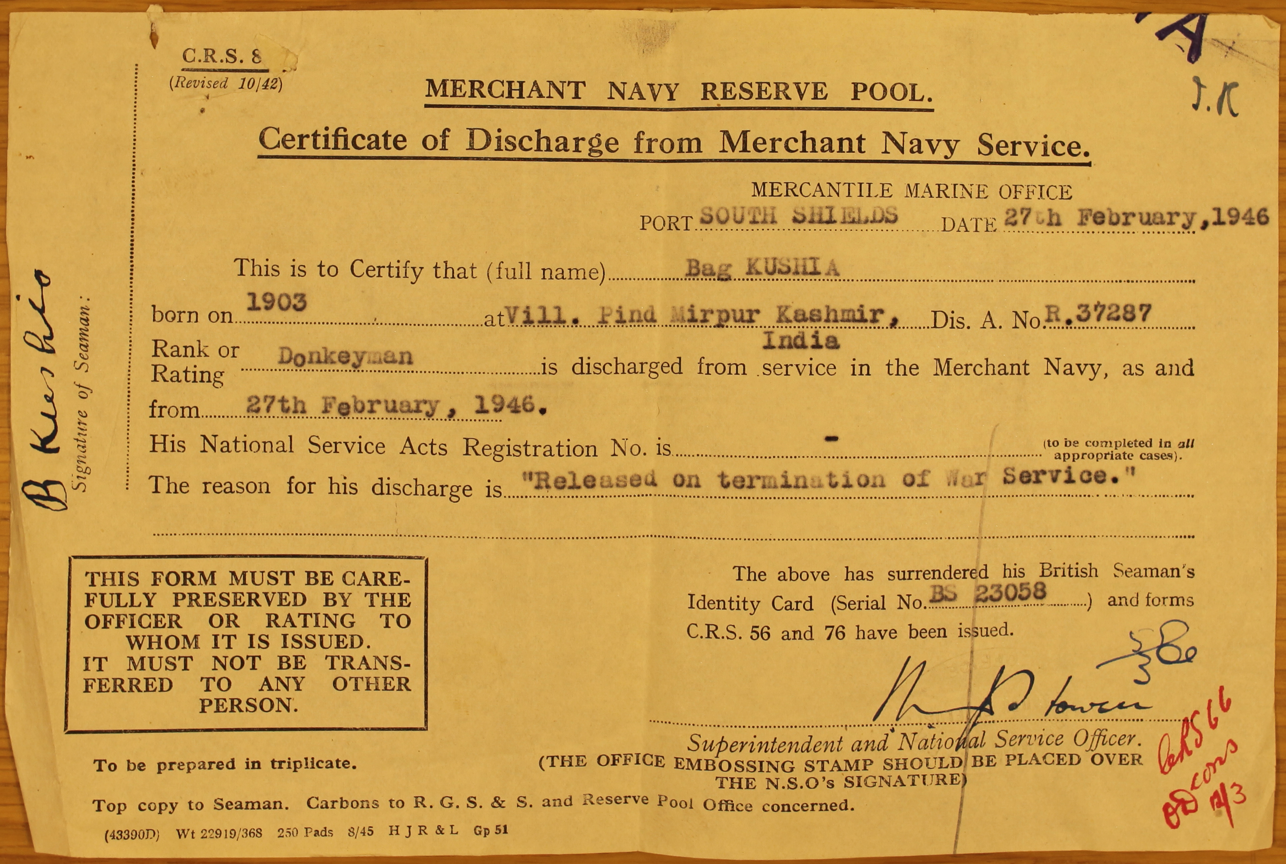 Colour photograph of a Certificate of Discharge