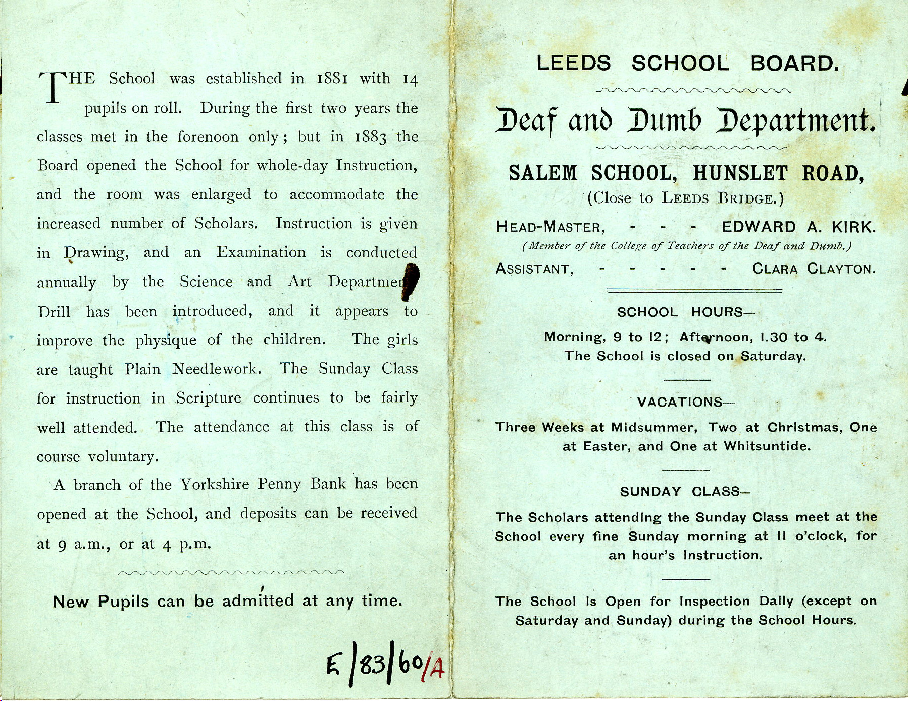 A pamphlet from the Leeds School Board Deaf and Dumb Department which opened in 1881