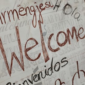 Café Window Welcome Sign, Leeds 2019