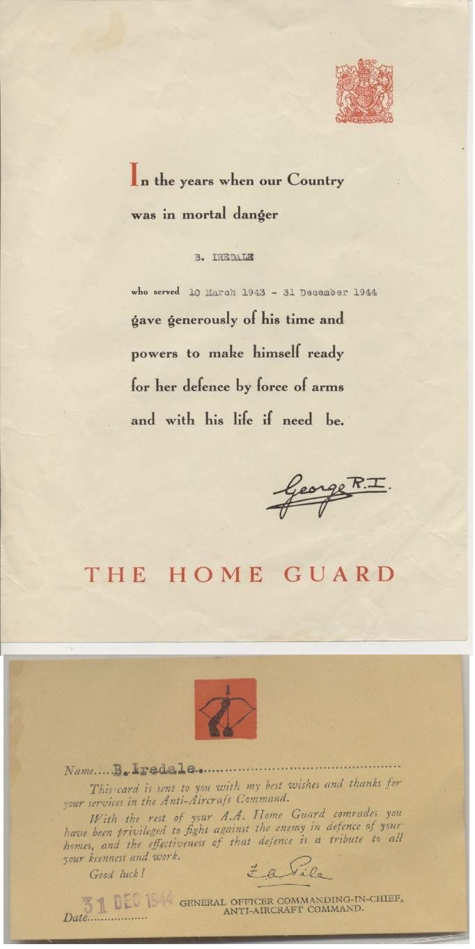 Two documents related to World War II service. The top shows a certificate with a red emblem, honoring service in the Home Guard, signed by George R.I. The bottom is a thank you card with a red emblem, acknowledging the recipient's contributions and wishing them well.