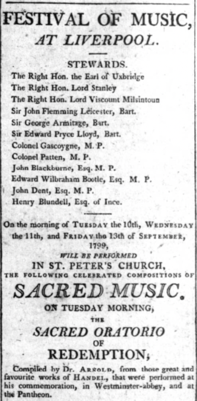 Newspaper article advertising Liverpool Festival  1799. It lists some of the music to be performed (including sacred music  by Handel, Purcell, Boyce)