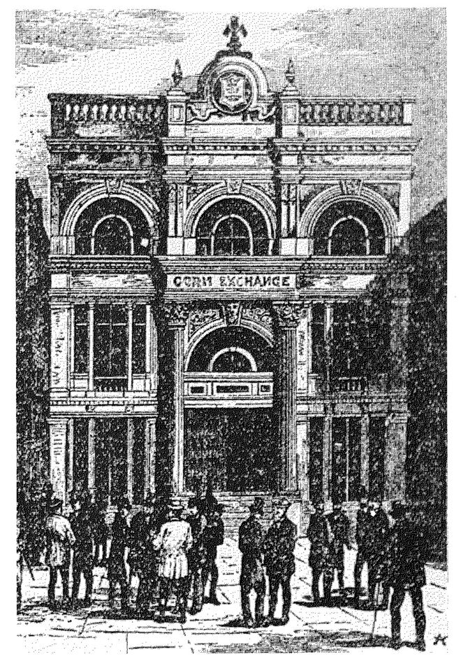 Black and white sketch of the facade of the Corn Exchange. It is a grand looking building, three stories high, with a decorated top. People outside are wearing top-hats