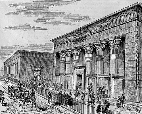 Illustration of Marshall's factory in Leeds, built with Egyptian style features.  People and a horse pulling a wagon in the foreground.