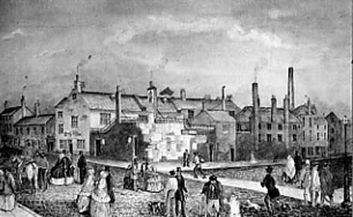 Illustration of the Leeds Workhouse showing large buildings with smoking chimneys. and people in the foreground.