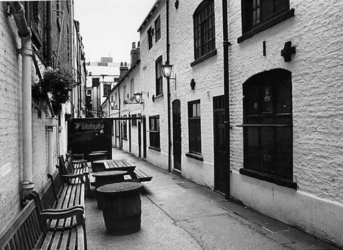 Two rows of terraced workers cottages with a narrow alley in between.