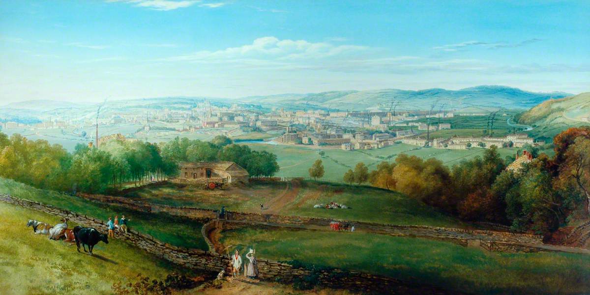 A panoramic 1849 painting of Huddersfield, England, seen from an elevated rural viewpoint. In the foreground, people in period clothing walk along a path beside grazing cattle and a dry stone wall. Trees, fields, and a farmhouse occupy the middle ground. In the distance, the town of Huddersfield stretches across the valley, with numerous buildings, church spires, and industrial chimneys visible, all set against a backdrop of rolling hills and a blue sky with scattered clouds.