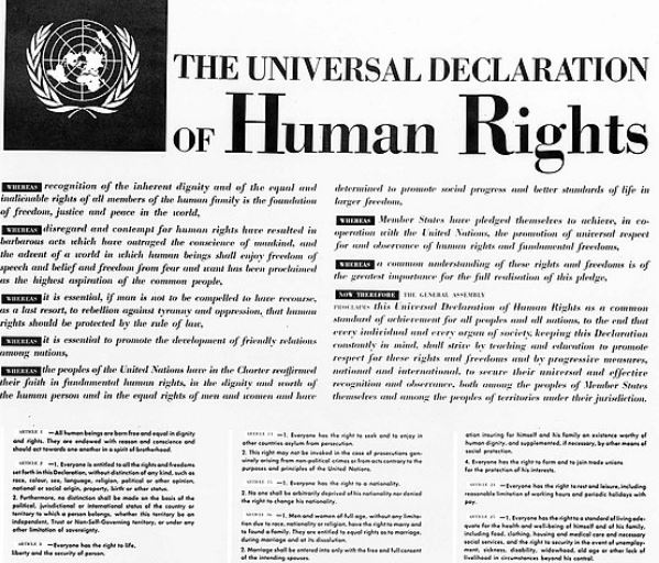 Image with text outlining the 1948 UN declaration of human rights.