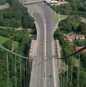 View down from the north side bridge tower of Humber Bridge