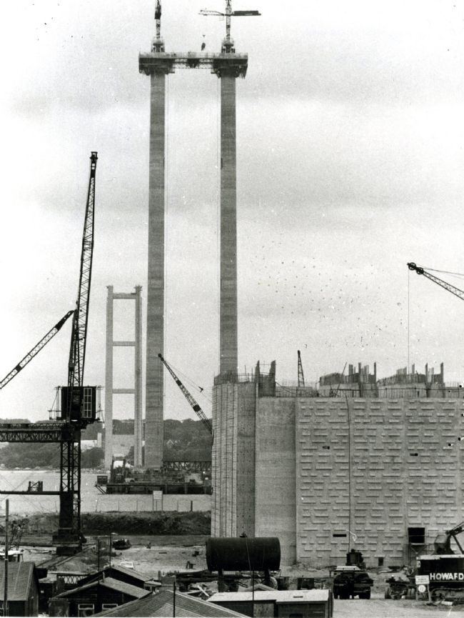 Black and White Photo of the Humber Bridge under construction