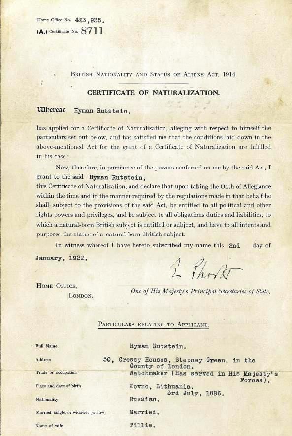 Hyman Rutstein's certificate of naturalisation 1922