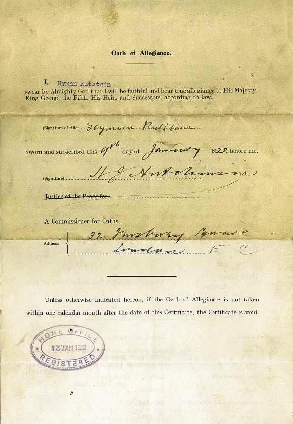 Hyman Rutstein's oath of allegiance 1922