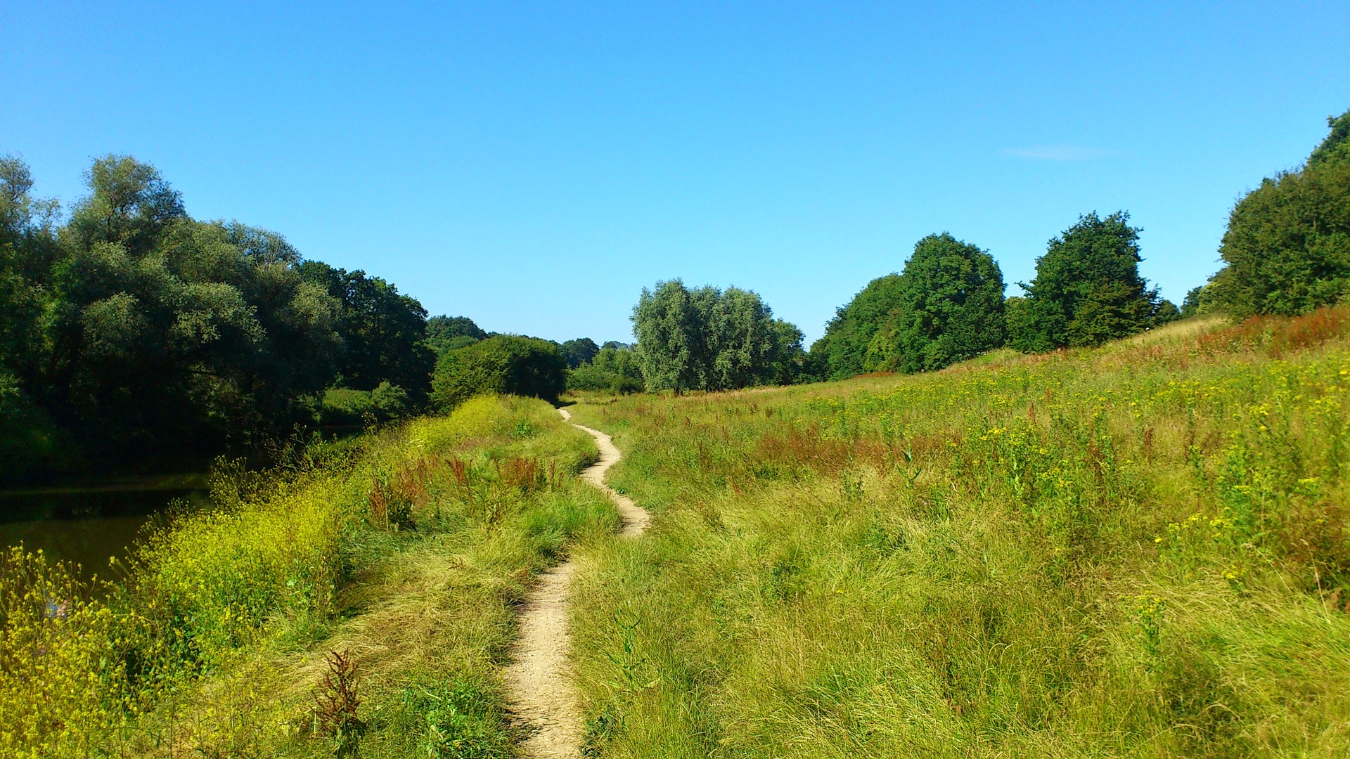 Colour photograph showing a narrow mud path through a grassy field, running alongside a river.