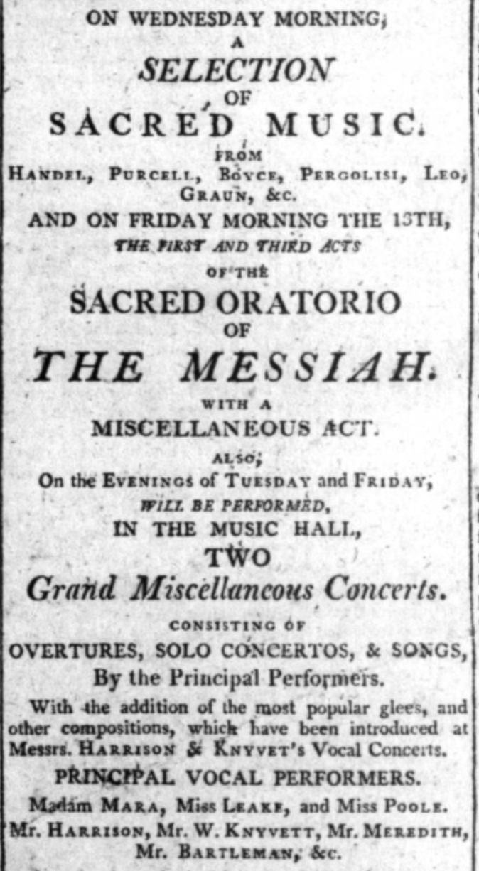 Newspaper article advertising Liverpool Festival  1799. It lists some of the music to be performed (including sacred music  by Handel, Purcell, Boyce)