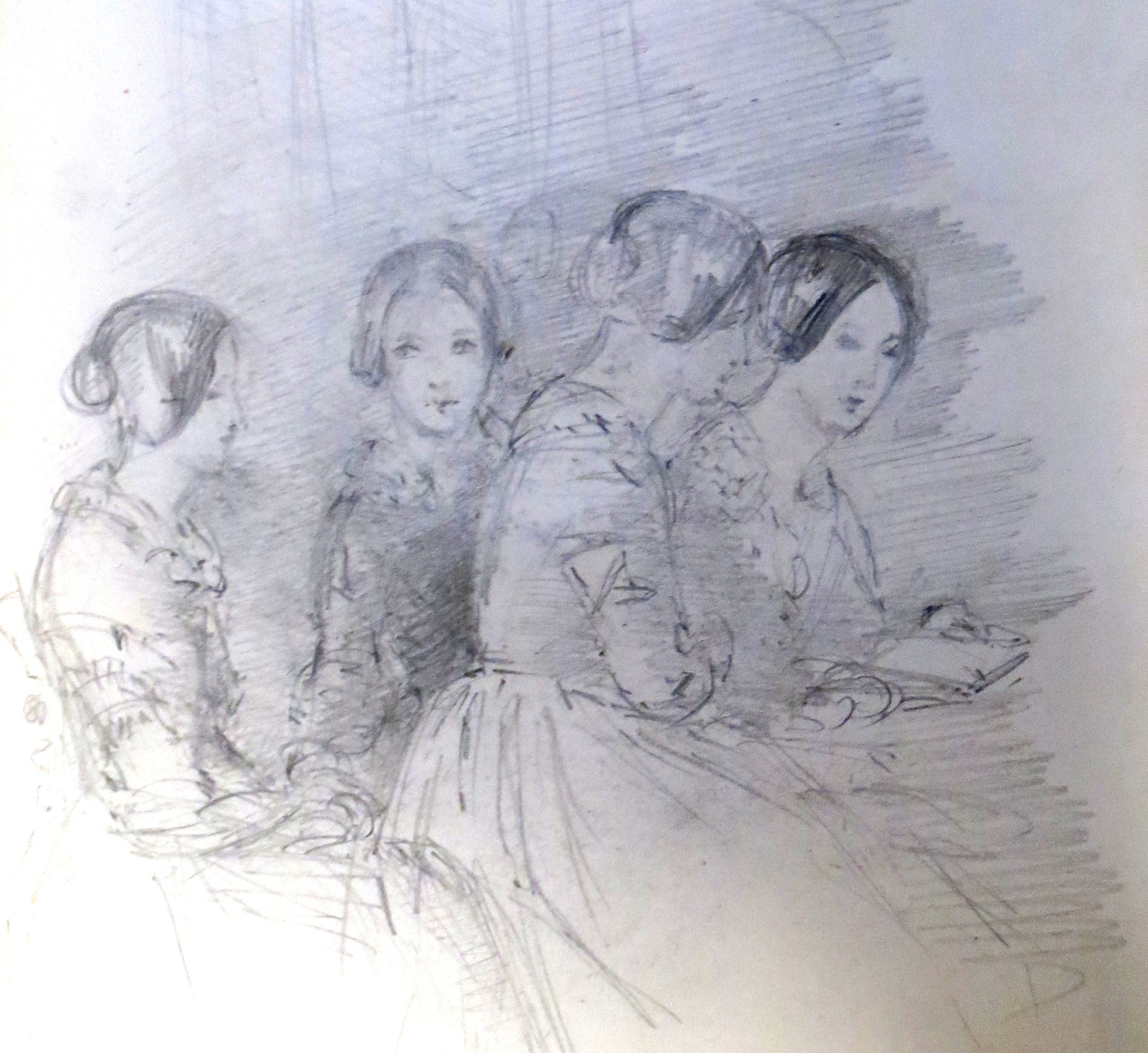 Pencil sketch showing four young women chatting and reading.