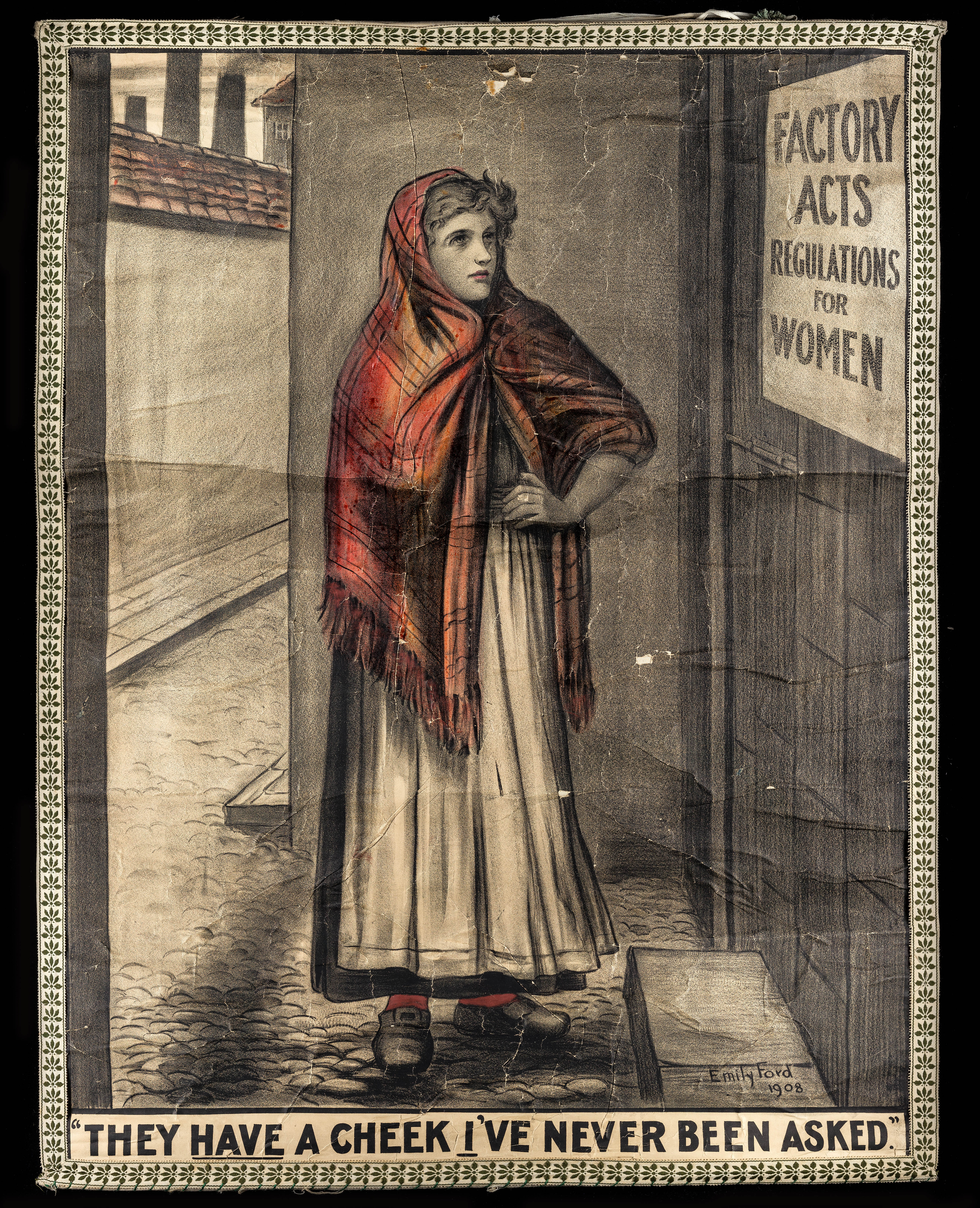 Poster showing poorly dressed woman looking at a Factory Act poster on a factory wall