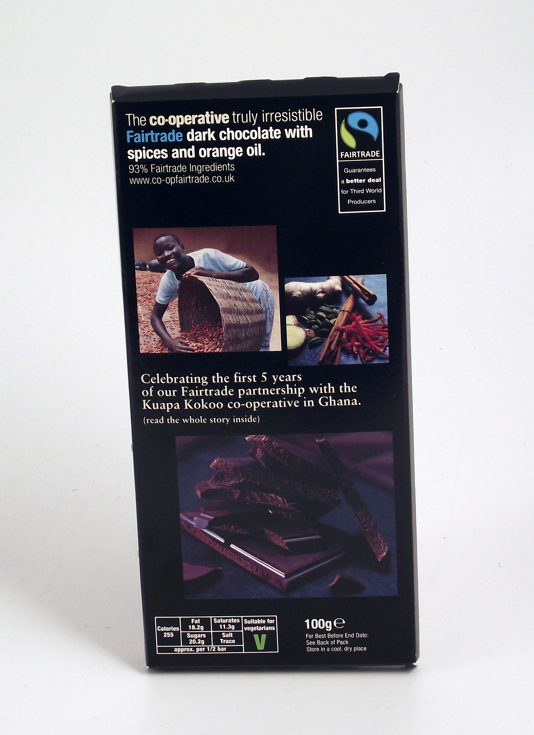 Colour photograph of a fairtrade chocolate bar from the Cooperative