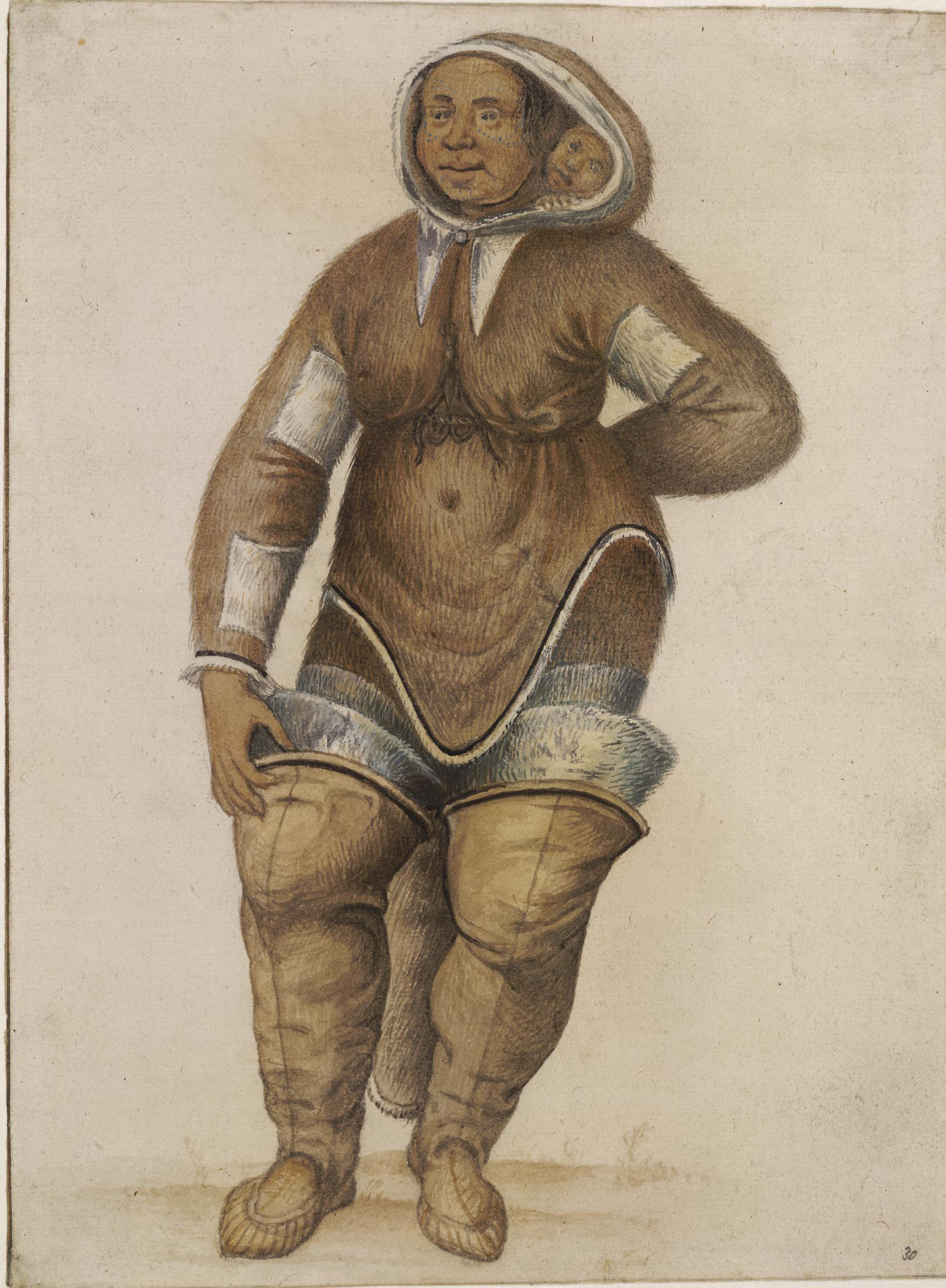 Watercolour image of Arnaq and Nutaaq, an Inuit mother and child from Frobisher Bay wearing sealskin suit. The baby is peeking out from the hood of the suit.