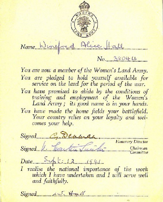 Typed contract starts: "You are now a member of the Women's Land army.  You are pledged to hold yourself available for service on the land for the period of the war."
