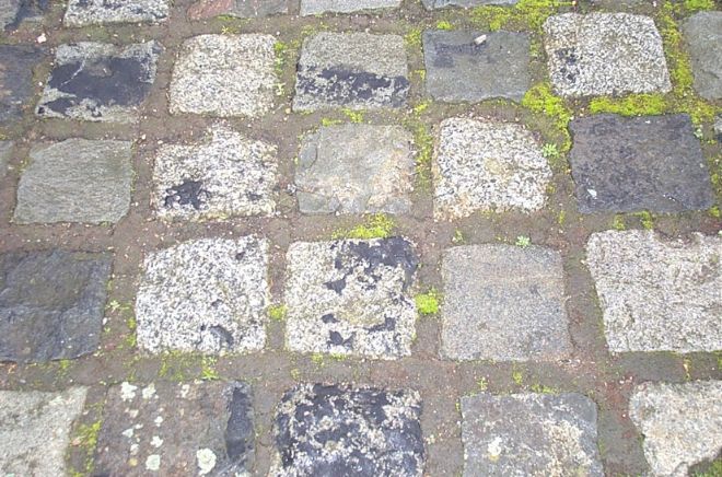 Path made from square pieces of granite stone set in a grid fashion.