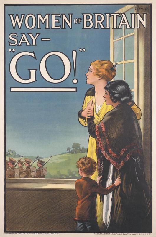 WW1 propaganda poster showing women waving off the troops, with the caption: ‘Women of Britain Say “GO!”’