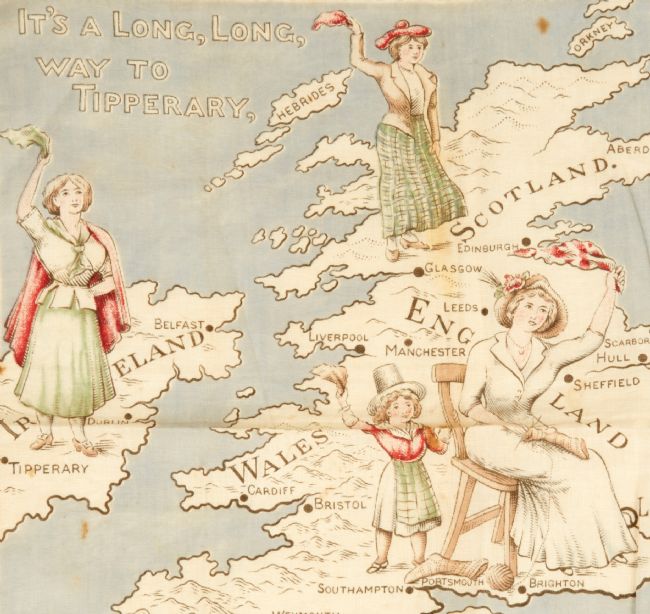 Women depicted waving a soldier off to war on a map of Scotland, Ireland and England.