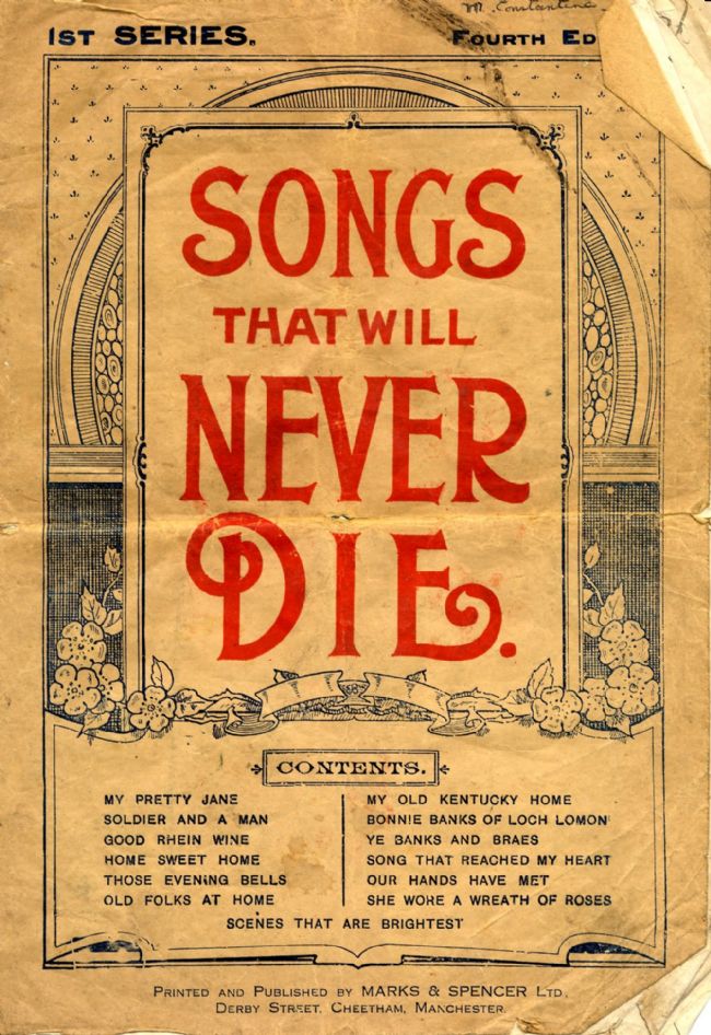 Light brown front cover with 'Songs that will never die' written in red capital letters on what looks a bit like a tombstone