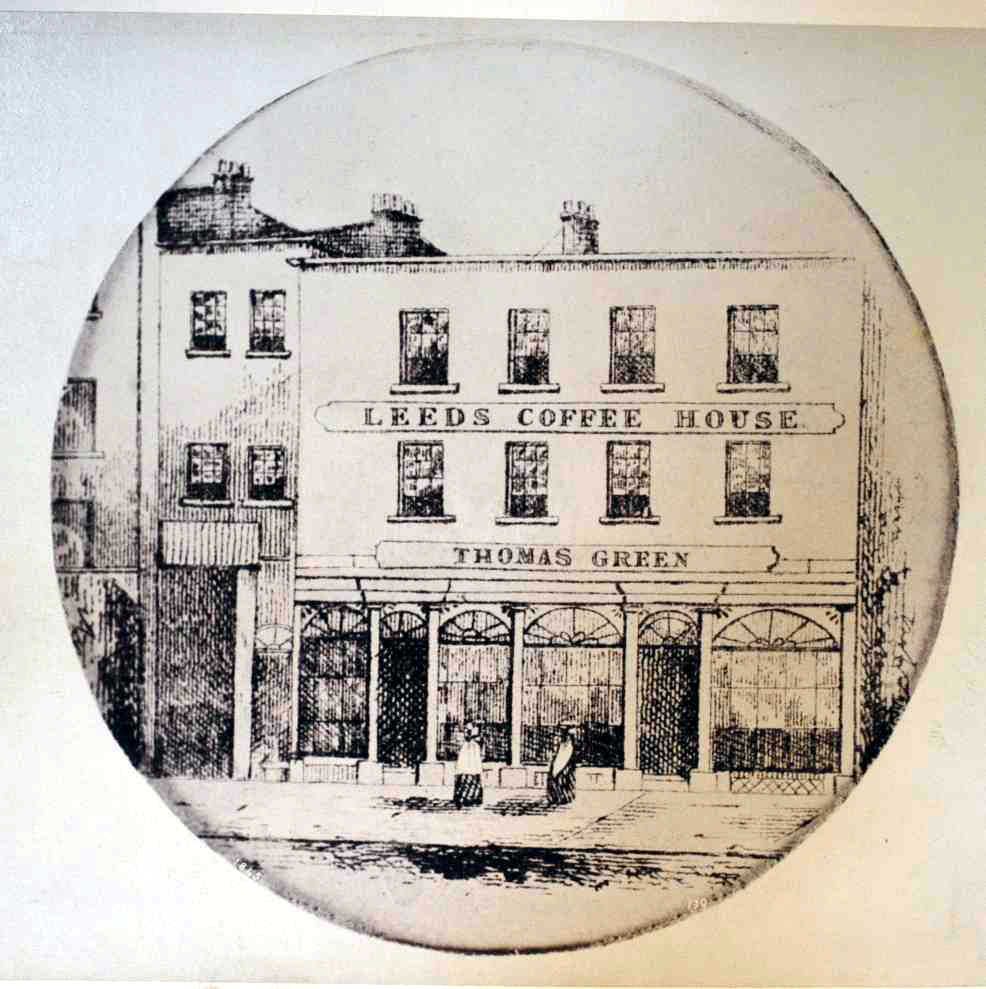 Black and white line drawing of a square building with Leeds Coffee House on a sign over the door