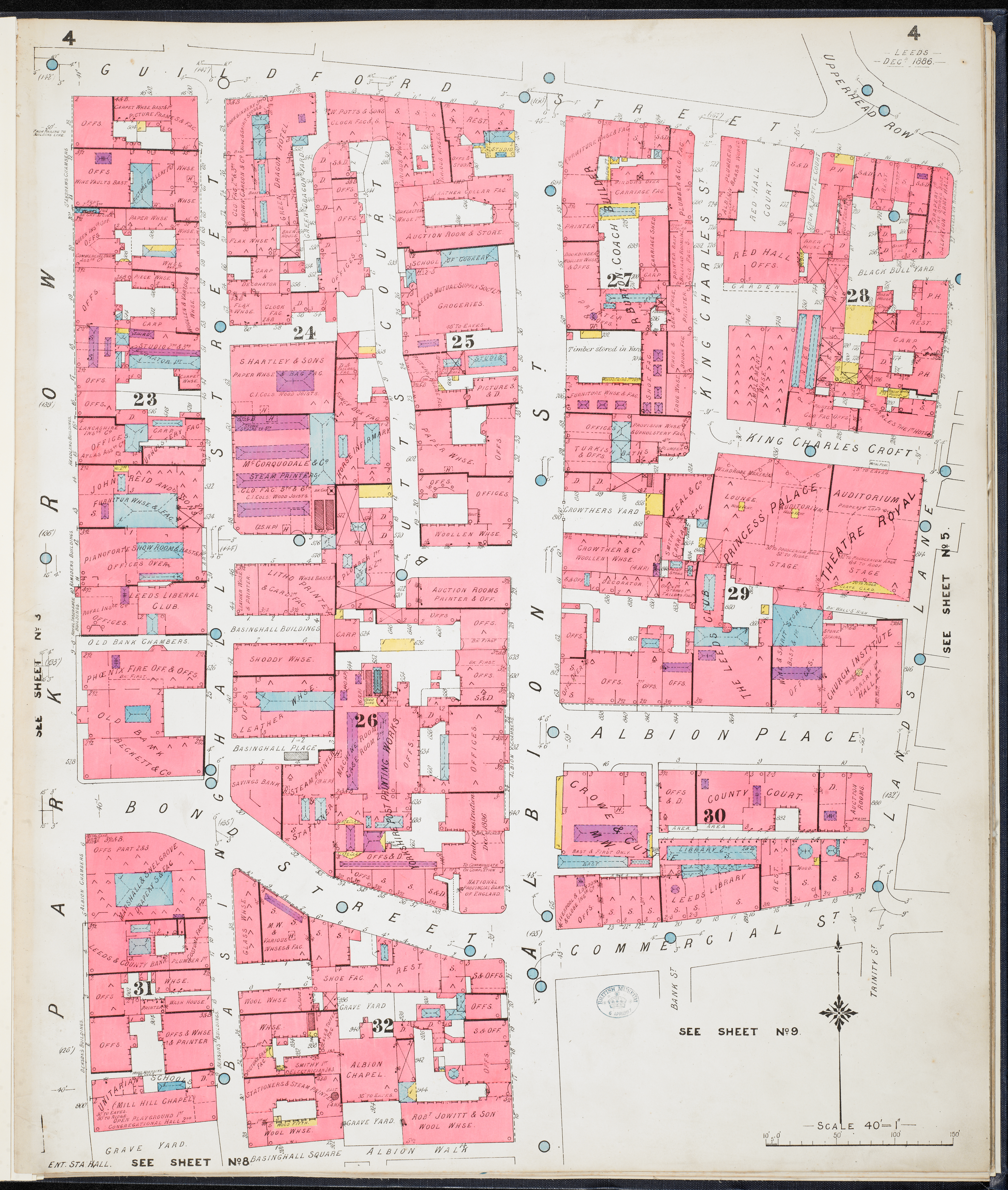 Map drawing of Albion Street and surrounding streets in Leeds. Buildings are painted in pink.