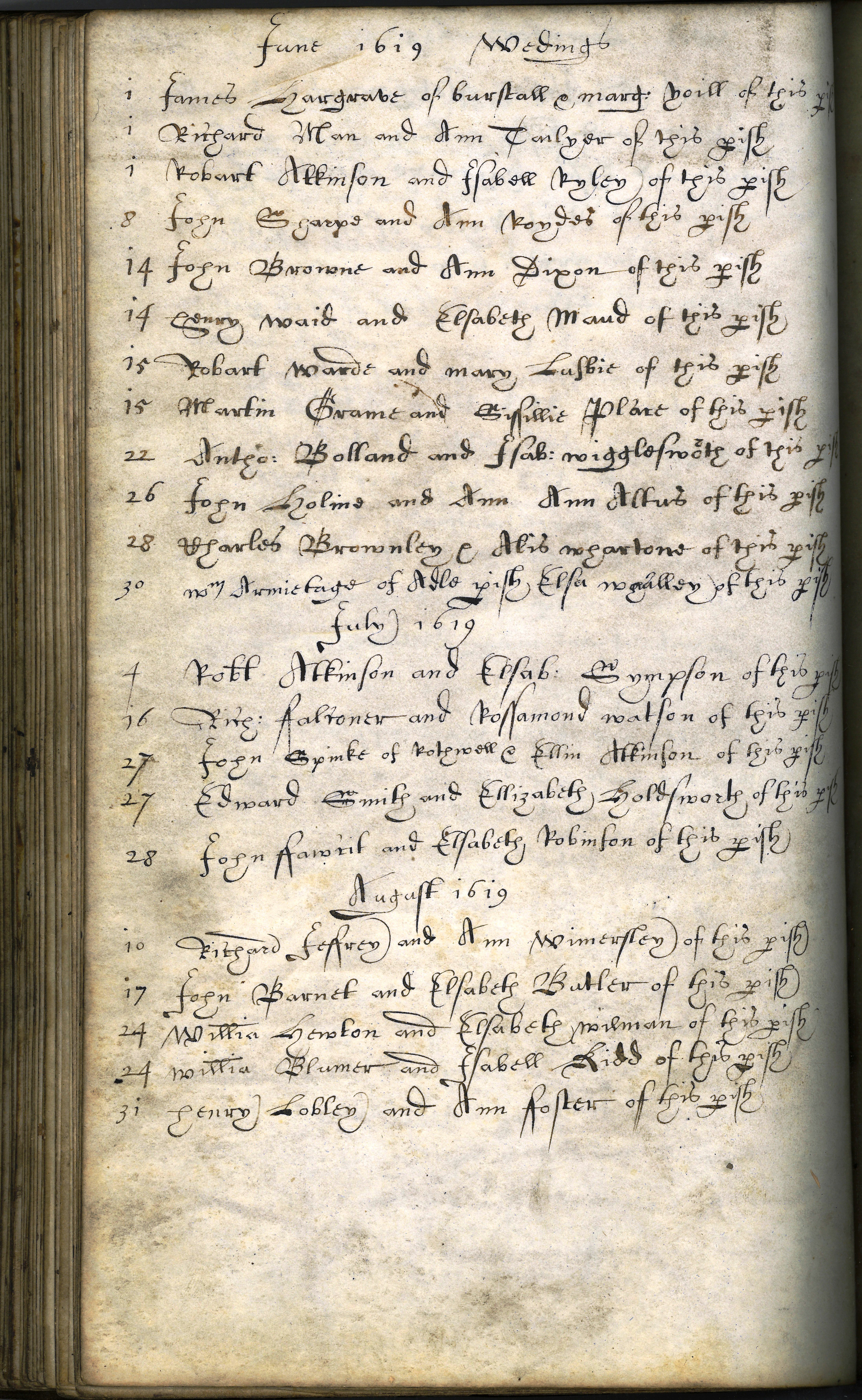 Page from Parish Register showing weddings at St Peter's Church, Leeds during 1619