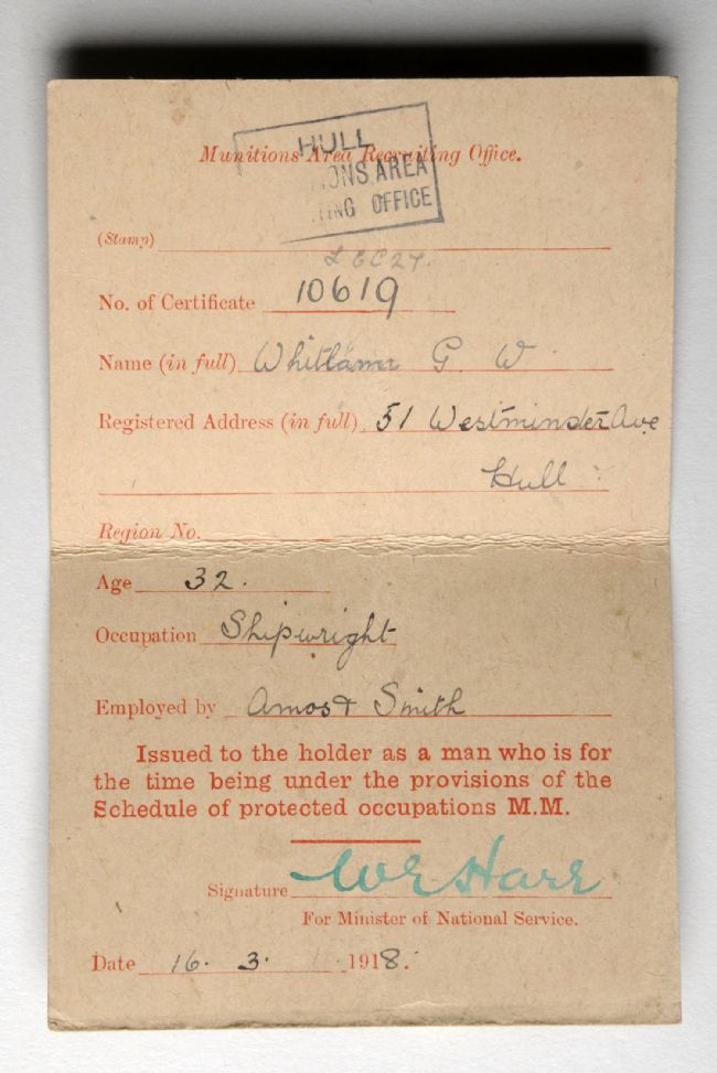 Scheduled Occupation Certificate for shipwright G. W. Whitlam of Hull