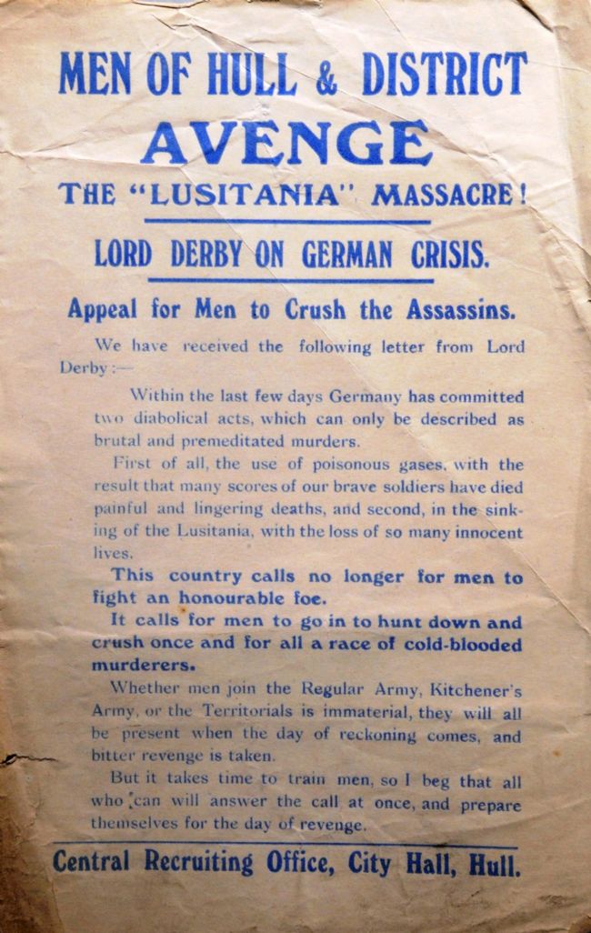 Recruitment poster calling on the men of Hull to 'avenge the Lusitania massacre'