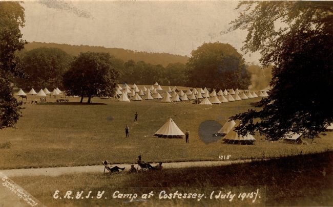 Postcard sent by Leonard May showing the East Riding Yeomanry camp at Costessey, July 1915