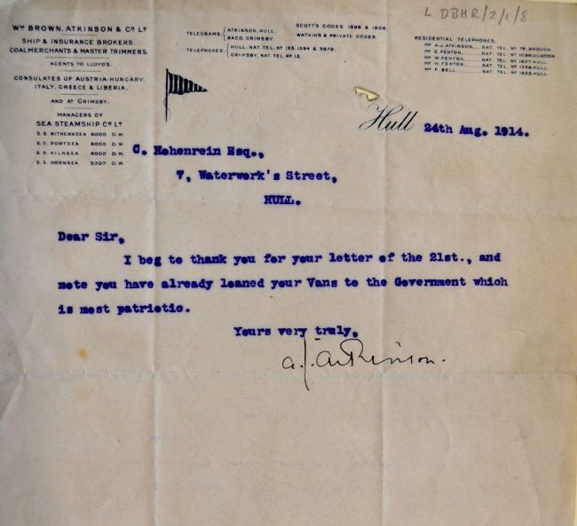 Letter 24.8.14 thanking Charles Hohenrein for loaning his vans to British government during WW1