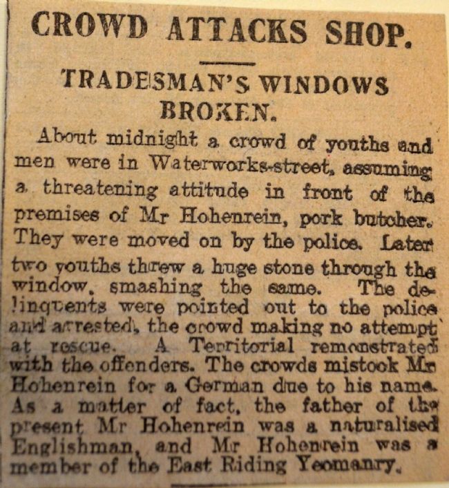 News article about attack on Hohenrein butcher's shop Waterworks Street, Hull in June 1915