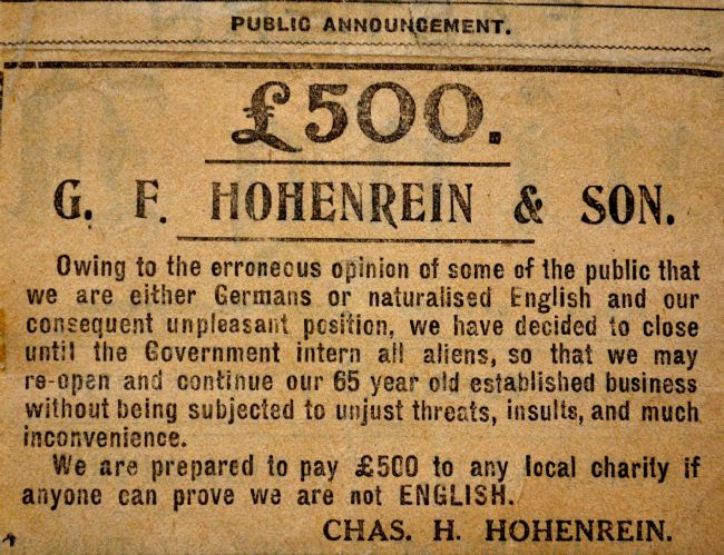 Advertisement published in the local newspaper offering £500 to anyone who could prove that the Hohenreins were not English