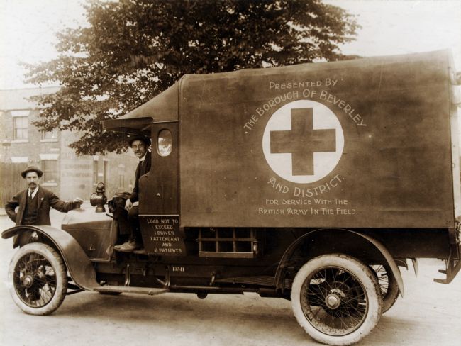Black and white photograph of an ambulance presented to the British Army during the First World War by the Borough of Beverley