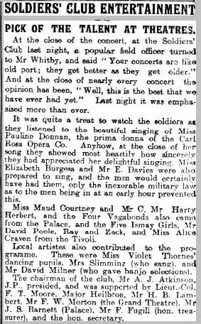 Hull Daily Mail 4 Feb 1915 describing the previous evening's entertainment at the Hull Soldiers' Club