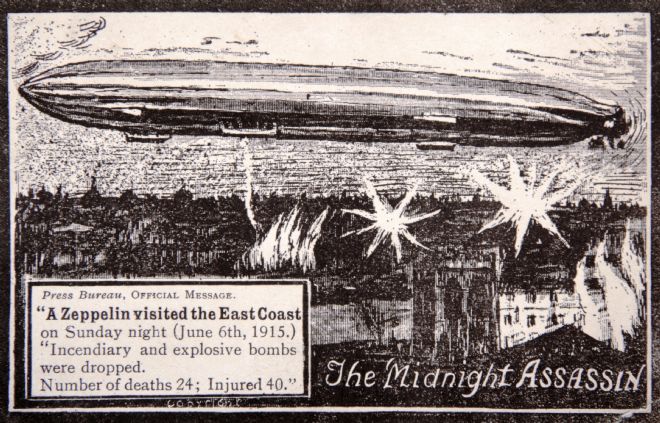 Postcard commemorating Zeppelin raid on East Coast, 1915