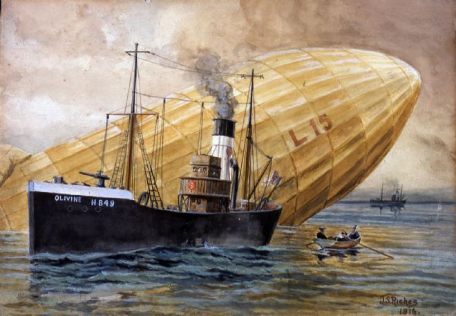 Watercolour painting on card showing the Hull steam trawler 'Olivine' picking up the crew of a German Zeppelin L15 that had been hit by a shell from the Purfleet battery