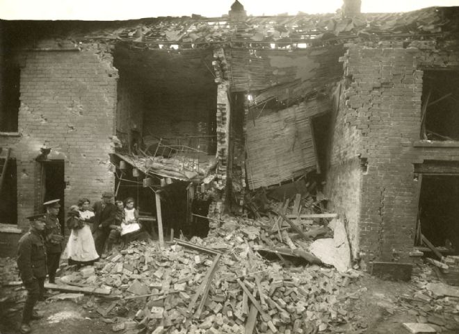 Photograph showing Zeppelin damage to Waller Street in Hull, 6 June 1915