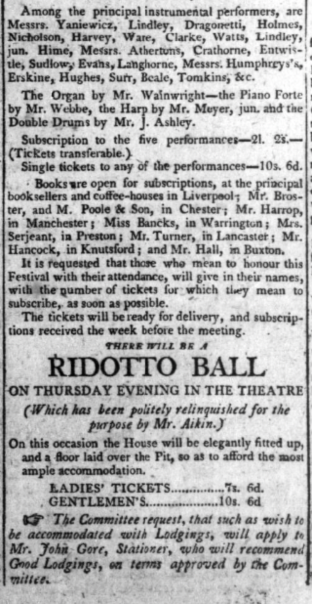Newspaper article advertising Liverpool Festival  1799. It lists some of the music to be performed (including sacred music  by Handel, Purcell, Boyce)