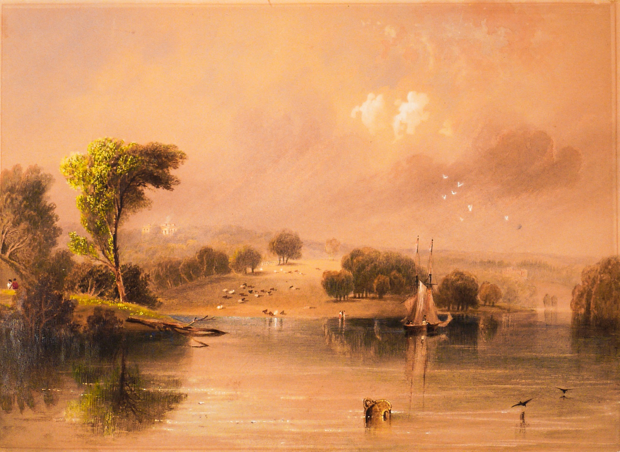 Drawing of Roundhay Park Lake, Leeds by John Wilson Carmichael, 1838 on peach coloured paper showing a lake with trees and bushes around the outside and sailing boat in the middle of the lake. There are cows on the far side of the lake and a white house in the far distance