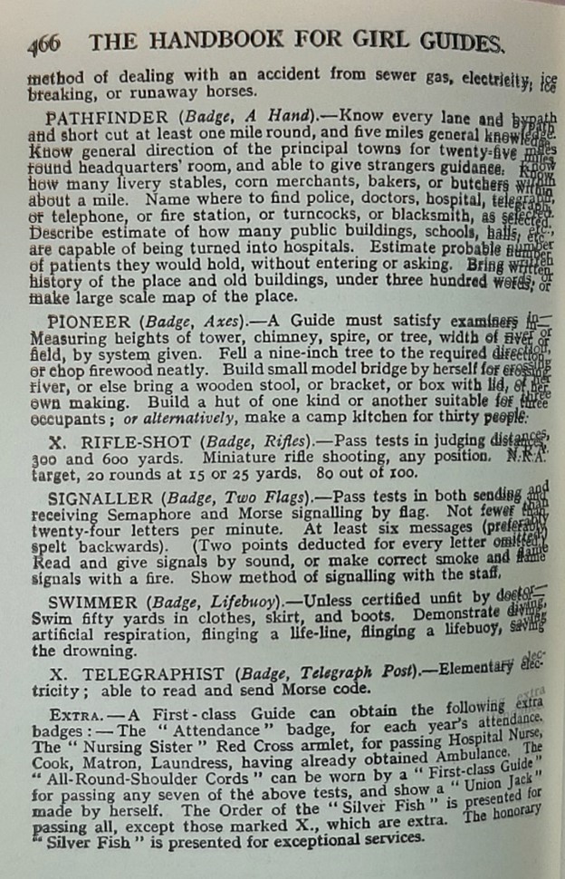 Tests for proficiency badges from the first Handbook for Girl Guides in 1912