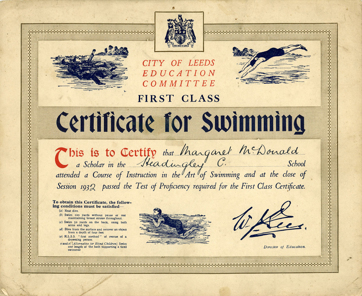 First Class swimming certificate with drawings of people swimming outdoors