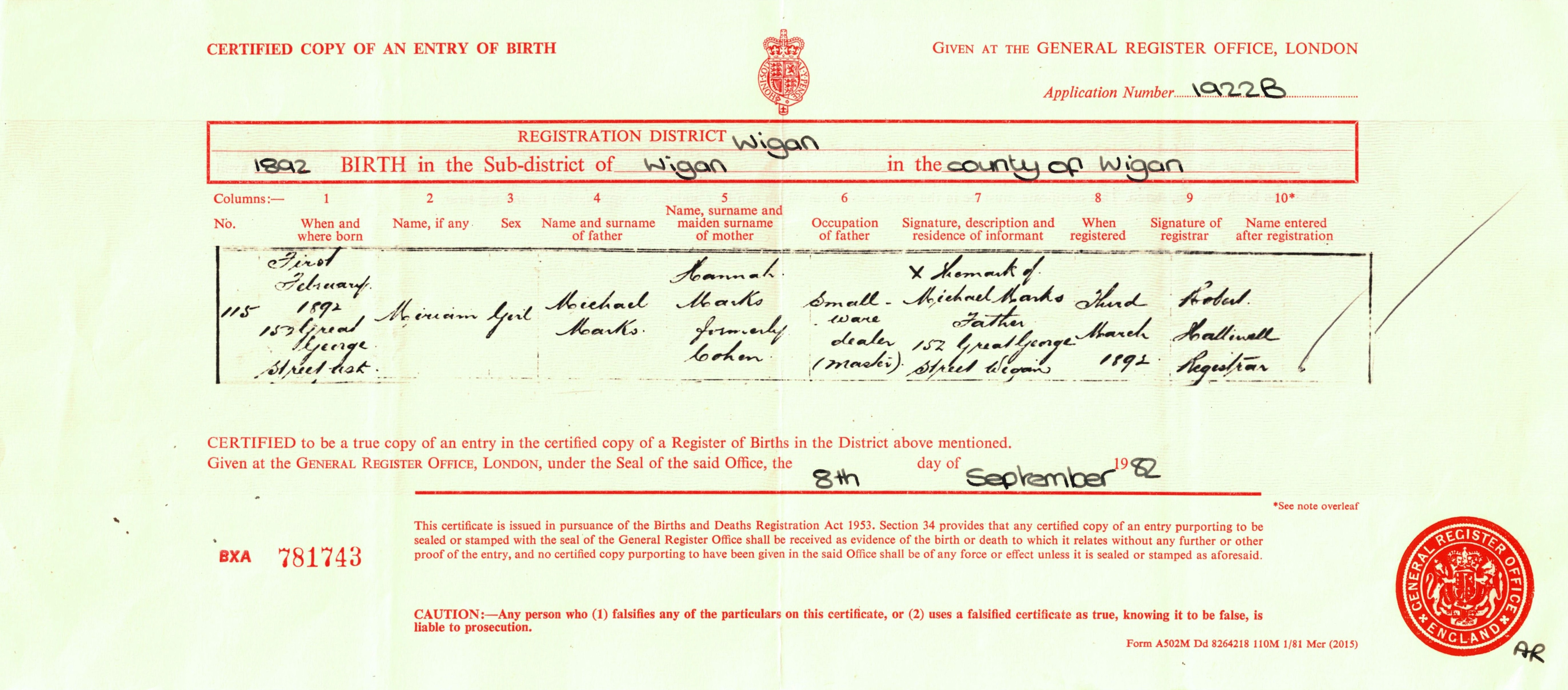 Photo of hand written birth certificate
