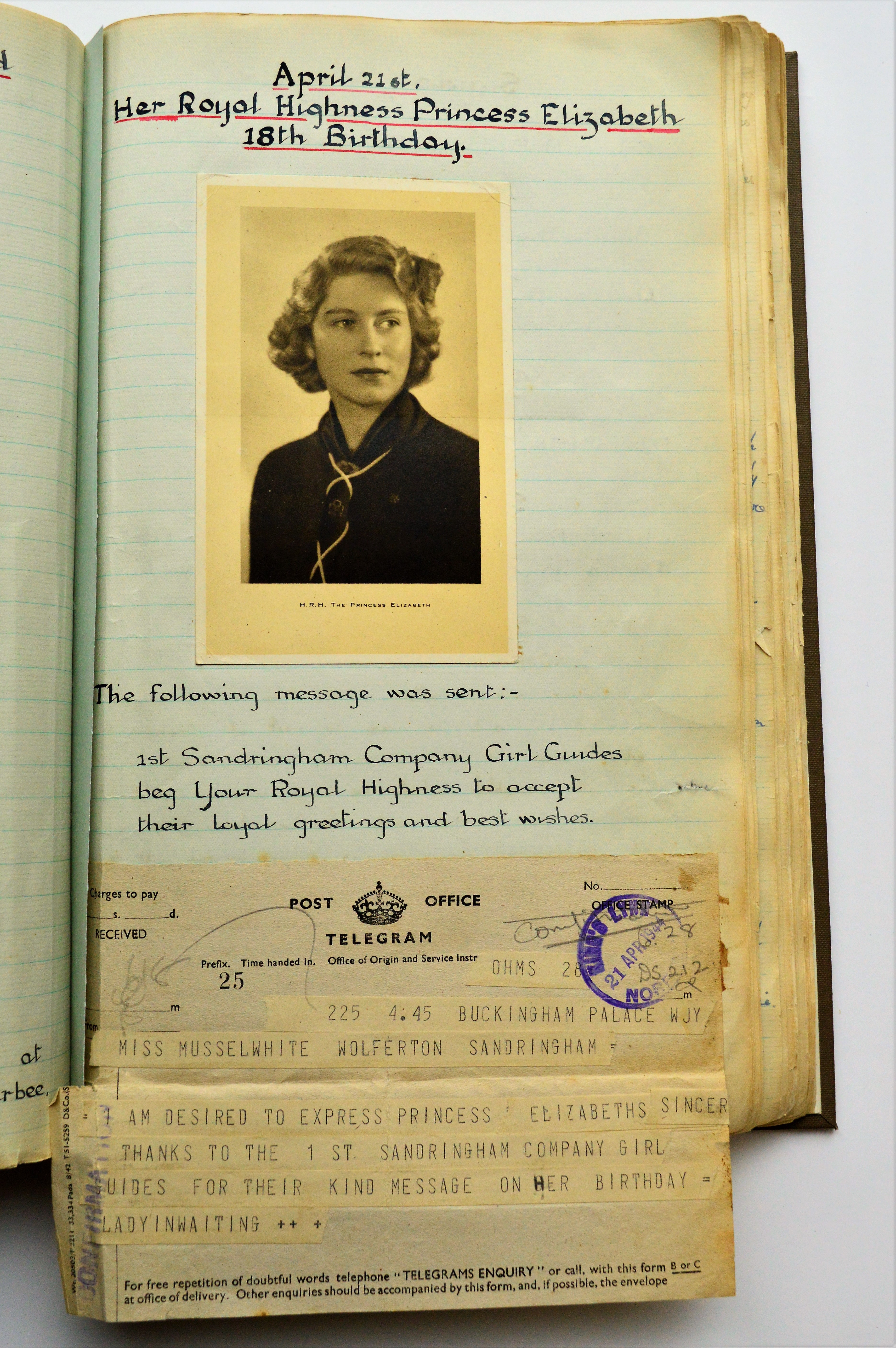 Log book of 1st Sandringham Guides showing entry for HRH Princess Elizabeth's 18th Birthday on 21 April 1944.