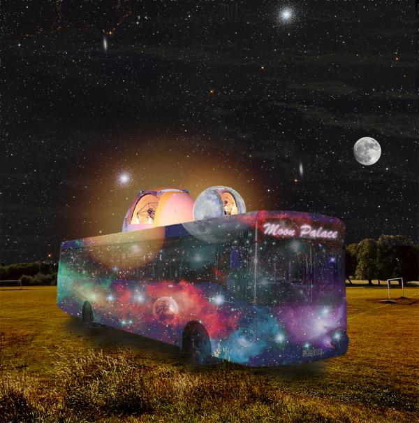 A bus painted with stars and two dooms pointing at the night sky. Full moon on the of the night sky.