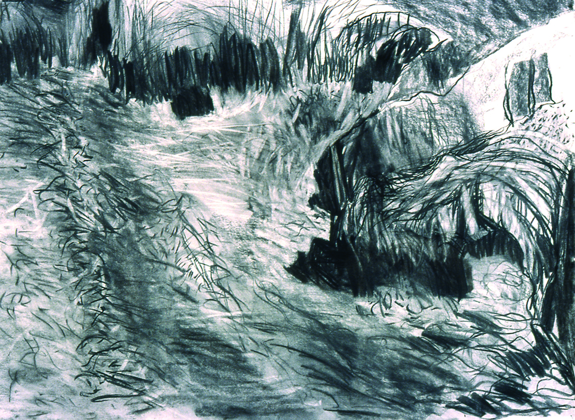 Black and white sketch of a cliff scene.