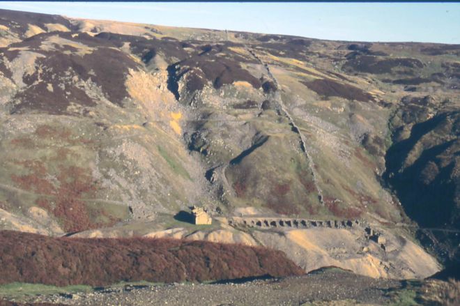 Water scoured valleys down an open hillside are a sign of hushing